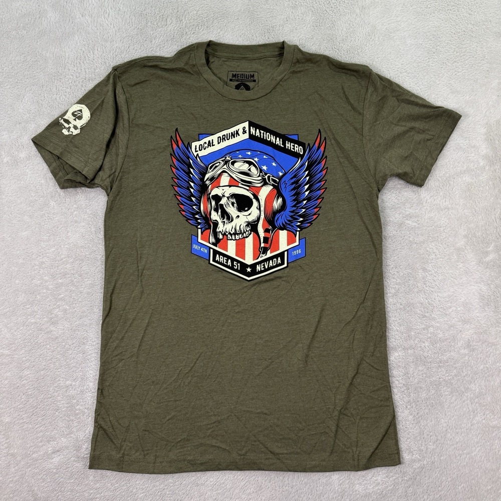 NEW Zero Foxtrot T Shirt Mens Medium Green Local Drunk National Hero Area 51